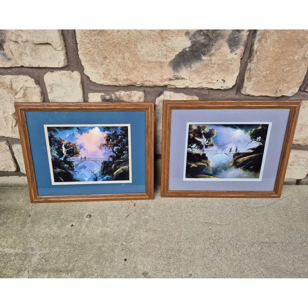 Vintage Vincent Fleming Angel Bridge Fantasy Art Prints Framed Pair 1995‎